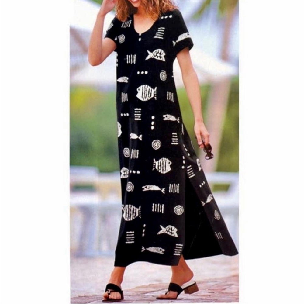 M Mac Rock Fish Midi Dress Womens Size L Black White Hand Printed Cotton Knit